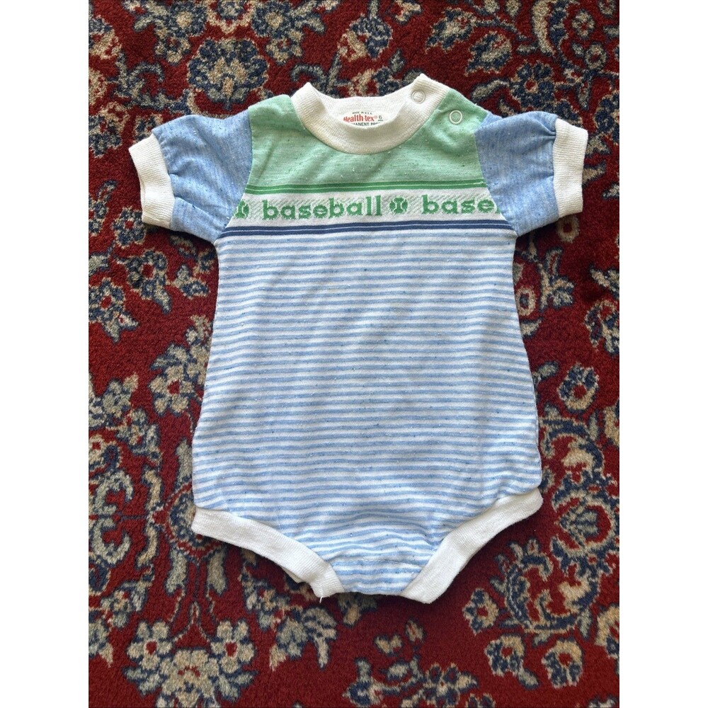 VINTAGE 70s Kids Healthtex Shirt 6 Months Baseball Baby On Piece Stripes USA